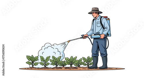 Agricultural worker applying pest control to young crops, ensuring healthy plant growth and farm productivity
