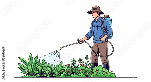 Gardener spraying plants with pesticide in garden, protecting crops from insects and diseases