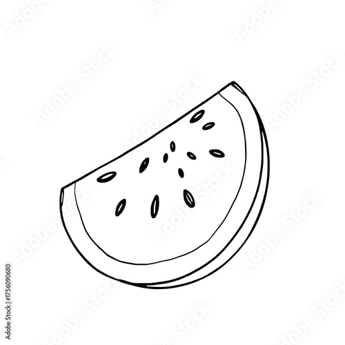 Black and white line drawing of a slice of watermelon with seeds