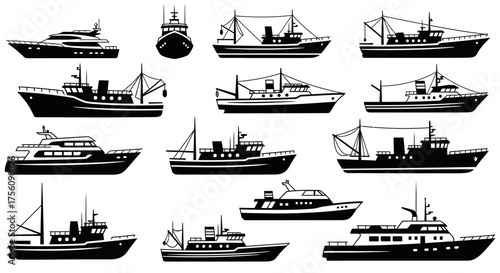 A comprehensive collection of black and white vector icons featuring various sea ships, fishing boats, and luxury yachts for maritime design