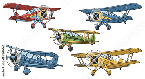 Collection of colorful vintage biplane airplanes for historical aviation