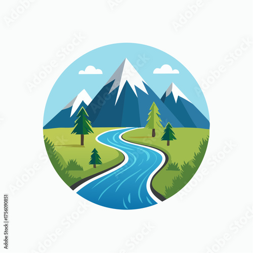 Stylized Mountain Landscape Depicting Snow-Capped Peaks, Lush Valley, and Flowing River within a Circle