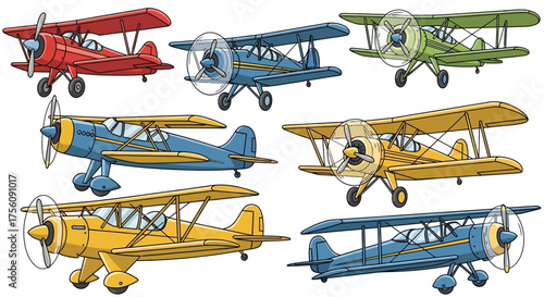 Collection of vibrant, multi-colored biplanes in various poses, showcasing classic aviation design