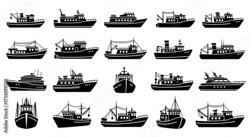 Fishing Boat Vessels Silhouettes Maritime Commercial Ships Set