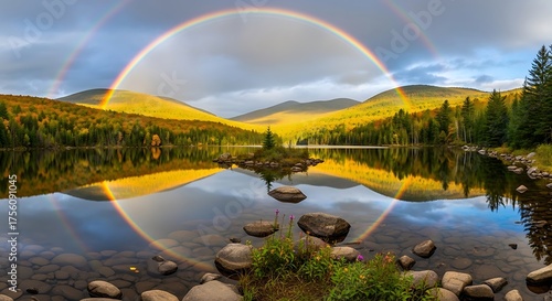 Serene Autumn Landscape with Mountain Reflection and Circular Rainbow.
