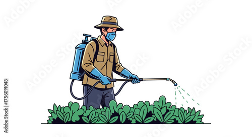 Gardener spraying pesticides on plants illustration, vector image for agricultural purposes