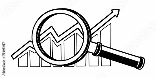 Magnifying glass focusing on a rising bar graph with an upward arrow indicating growth and analysis
