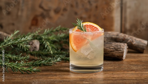 Refreshing gin and tonic cocktail with ice, grapefruit slices, and rosemary, set on a vintage surface with juniper branches and weathered wood in the backdrop.