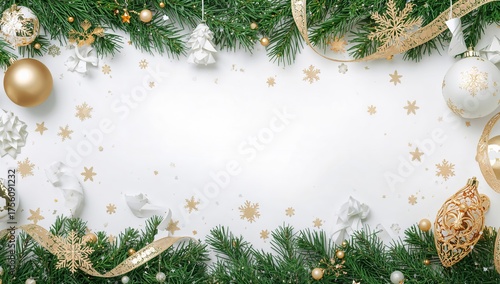 Festive holiday background with Christmas ornaments, gold ribbons, and winter stars on white space