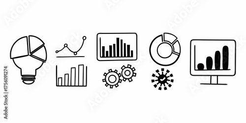 Doodle style illustration of data analytics elements including charts graphs and gears on a white background