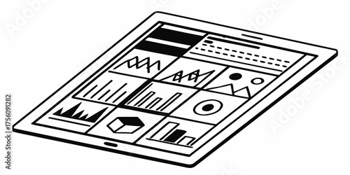 Tablet displaying various charts and graphs in black and white line art style illustration