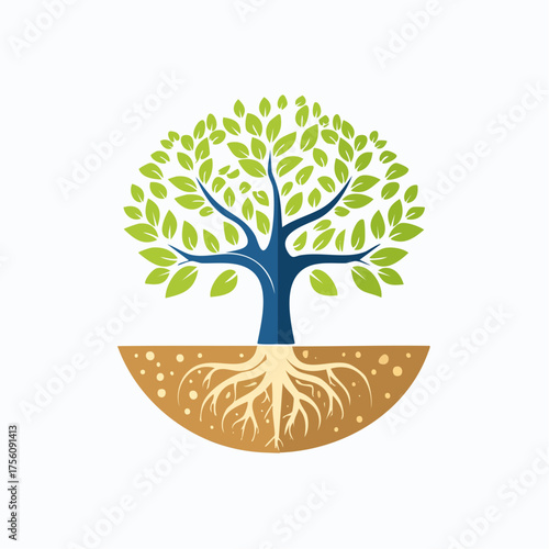 Symbolic Representation of Growth: A Circular Tree Logo Depicting Roots and Foliage