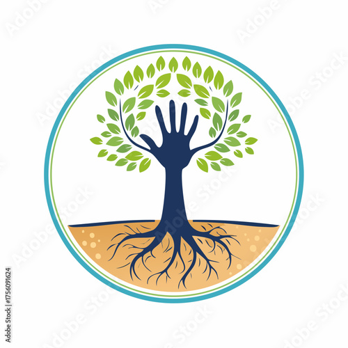 Symbolic representation of hand-shaped tree with roots embodying nature and growth within a circle