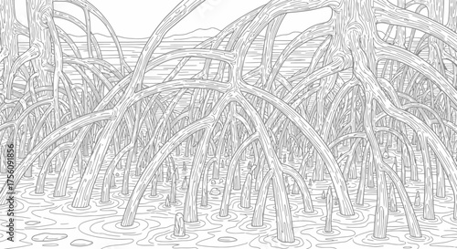Intricate Mangrove Root System Illustration for Environmental Awareness and Coastal Ecosystem Education Projects and Nature-Themed Coloring Books