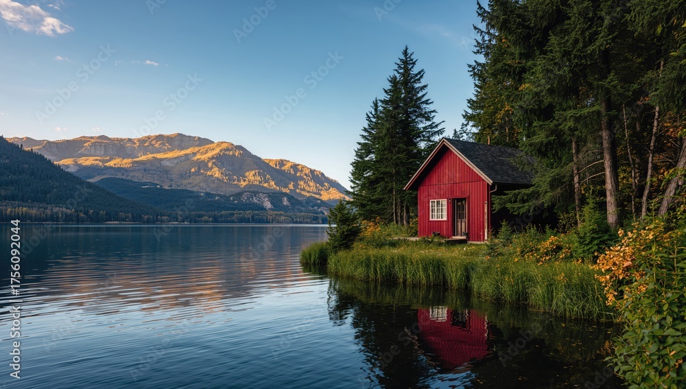 Fototapeta premium A Crimson Cottage beside serene waters, offering a stunning view for an ideal retreat