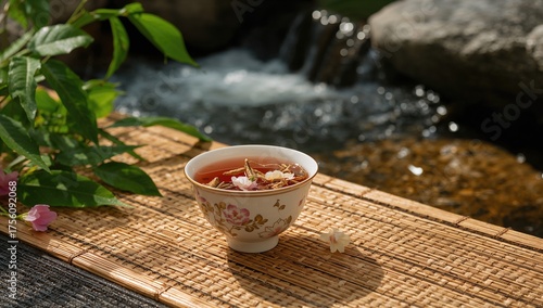 Sophisticated tea arrangement featuring a ceramic cup filled with premium Shu Puer tea, decorated with dried blossoms.