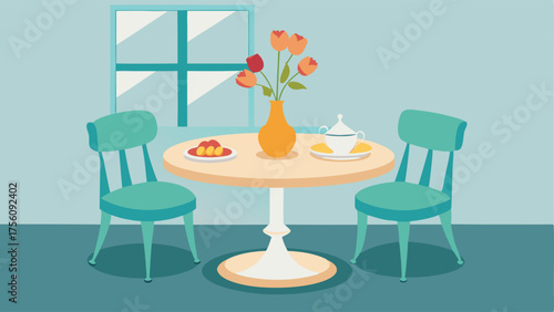 A charming breakfast nook with a round pedestal table upholstered chairs and a floral centerpiece.