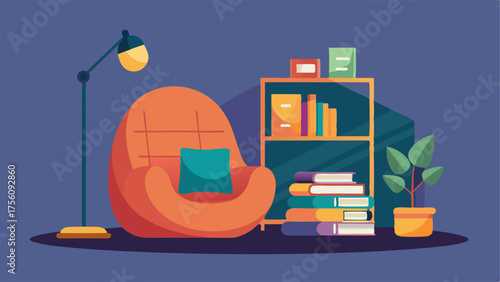 A cozy reading nook with a bean bag chair a stack of books and a floor lamp for extra lighting.
