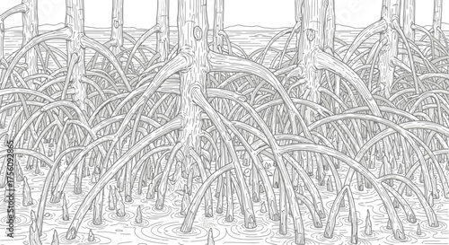 Intricate mangrove root system illustration showcasing coastal ecosystem and environmental conservation. Suitable for educational materials and ecological design projects.