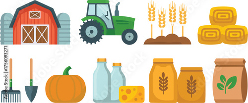 Vector art of farm elements collection featuring barn, tractor, crops