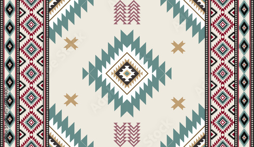 Seamless geometric ethnic pattern inspired by Native American tribal fabric. Traditional Aztec and Navajo style carpet and tile vector design on navy blue background. Perfect for textile, wrapping,