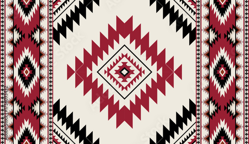 Seamless geometric ethnic pattern inspired by Native American tribal fabric. Traditional Aztec and Navajo style carpet and tile vector design on navy blue background. Perfect for textile, wrapping,