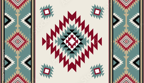 Seamless geometric ethnic pattern inspired by Native American tribal fabric. Traditional Aztec and Navajo style carpet and tile vector design on navy blue background. Perfect for textile, wrapping,