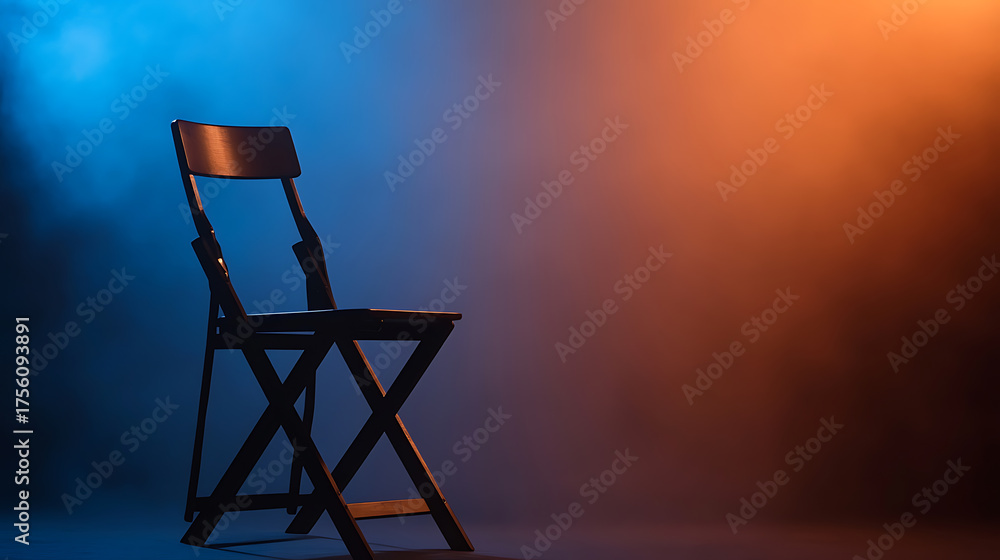Fototapeta premium Solitary Chair: A study in color, contrast, and form. Wooden chair silhouetted against a split blue and orange backdrop. Space for reflection and thought.