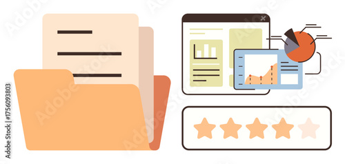Open folder with documents, analytic dashboards showing charts, graphs, and a 5-star rating bar. Ideal for business, data analysis, performance review, organization, project management feedback