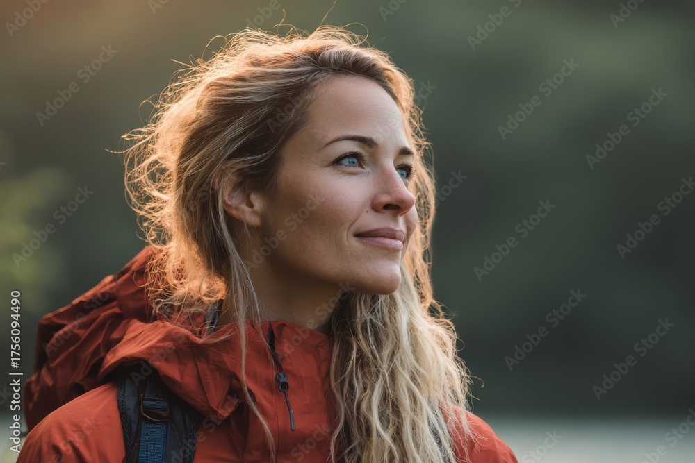 Naklejka premium Smiling woman in a red jacket with wavy blonde hair, enjoying nature's beauty and warmth during outdoor adventures, embodying a spirit of exploration and connection with the environment