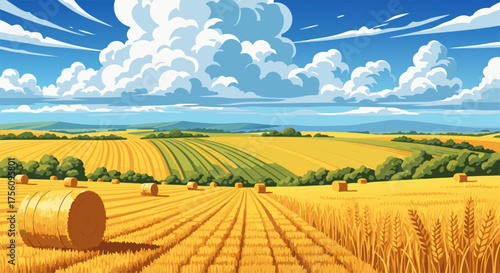 Summer harvest landscape with golden wheat field and hay bales under a picturesque blue sky with white clouds, vector illustration