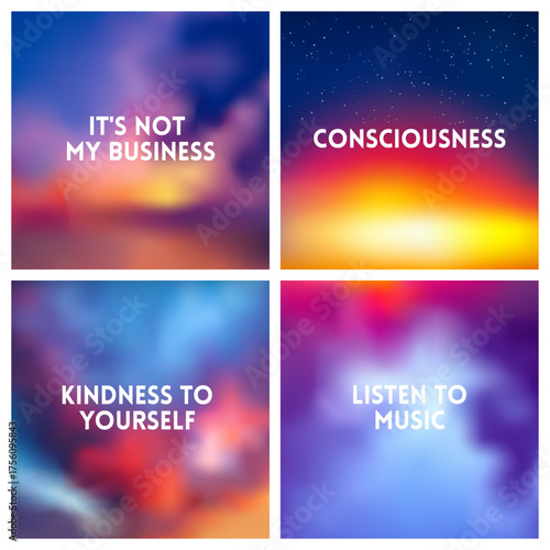 Abstract vector multicolored blurred background set. 4 colors set. Square blurred backgrounds set - sunset sky clouds sea ocean beach colors With love quotes