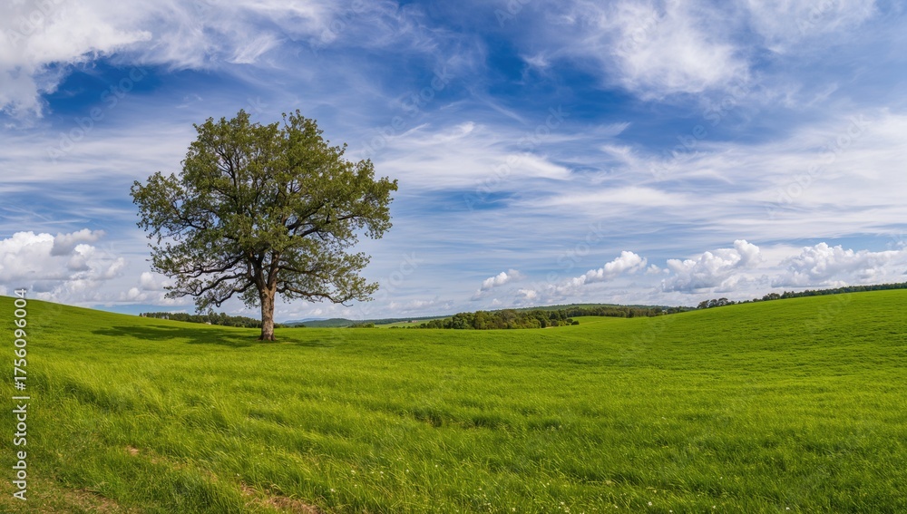Obraz premium Stunning wide-angle scene featuring a solitary tree amidst lush meadows under a bright sky filled with clouds