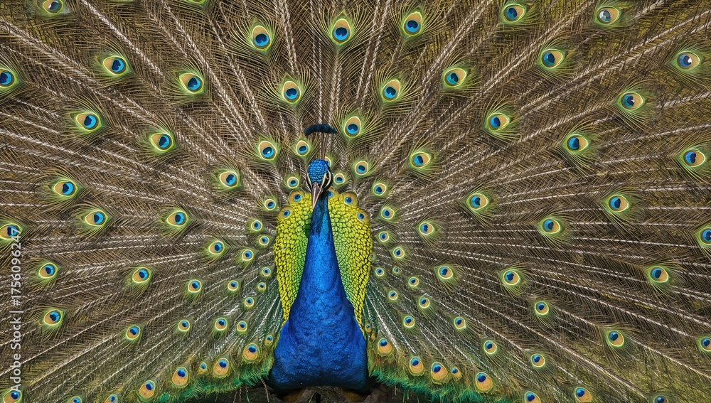 Obraz premium Furious vibrant peacock roaming a grand estate garden