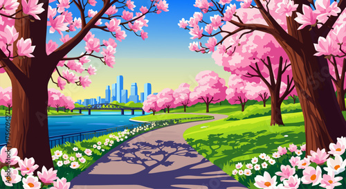 Vibrant spring park scene with blooming cherry blossom trees lining a pathway and a city skyline in the distance under a clear blue sky