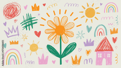 Vector art of colorful childlike drawing featuring a flower, sun, house, and other elements