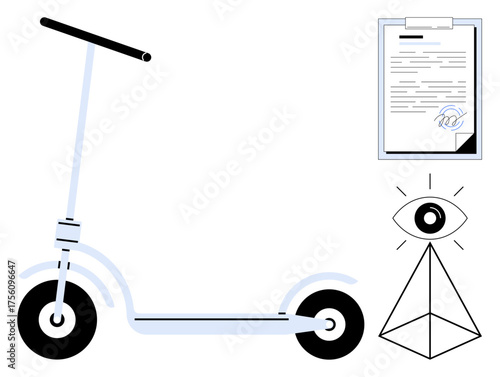 Electric scooter facing left, agreement document with a signature, eye over pyramid symbolizing vision, mobility, and innovation. Ideal for transportation, futurism, agreements, vision mobility