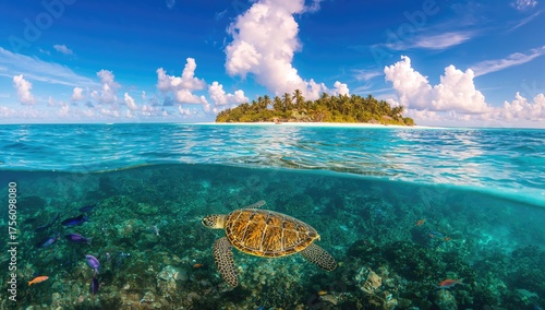 Fototapeta Naklejka Na Ścianę i Meble -  A sea turtle with a green shell gliding over a coral reef near a tropical island