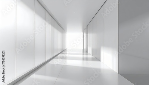 Bright minimal white corridor interior with strong perspective and copy space — modern architecture hallway