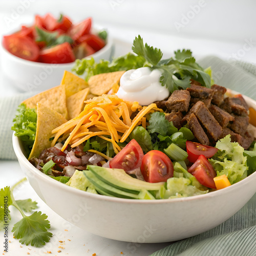 A delicious beef taco salad in a white bowl with lettuce, tomatoes, cheese, and other toppings