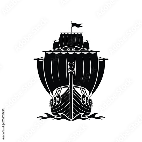 Viking Long ship Warship Front View Vector Illustration