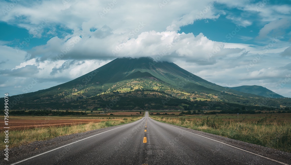 Fototapeta premium Deserted roadway flanked by lush hills under a cloudy sky