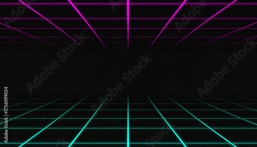 80s retro neon grid room in magenta and cyan on black — futuristic synthwave background with copy space