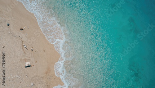 Bird's-eye perspective of a woman reclining on a sandy shore beside crystal-clear ocean waves under bright summer skies