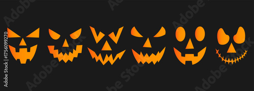 Wallpaper Mural Set of spooky pumpkin smiles in orange on black background. Horror and scary faces. Design for holiday Halloween Torontodigital.ca