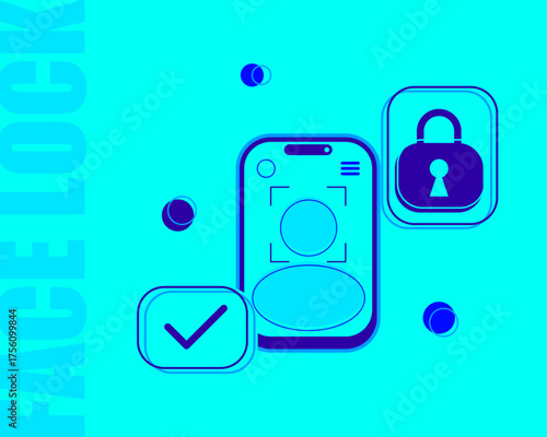 Illustration of face lock security on a smartphone with padlock and verification icons.