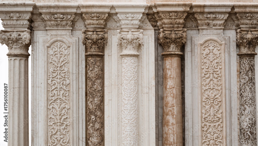 Obraz premium Architectural decorative features including columns and capitals, gypsum stucco designs, and textured wall patterns found in urban public spaces. Vintage isolated patterns.