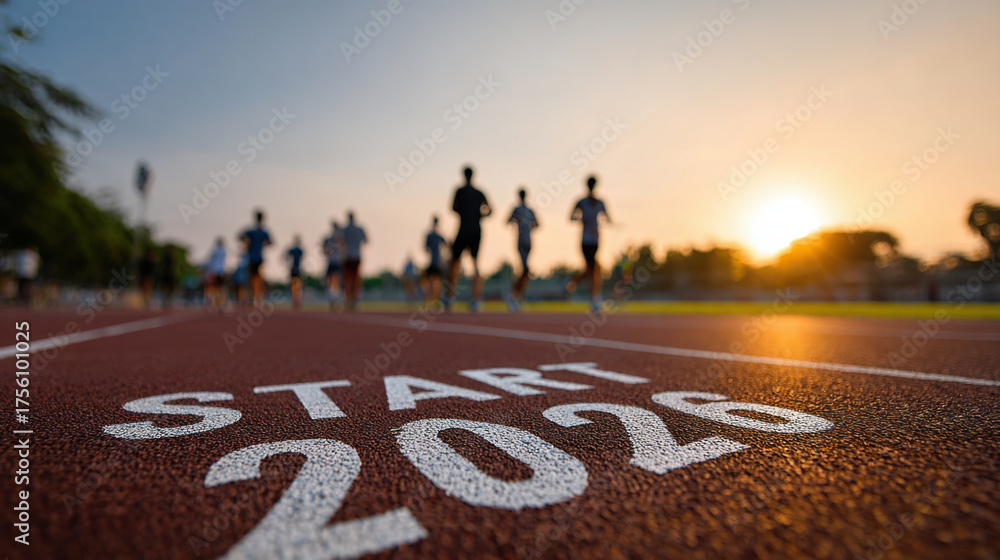 Obraz premium Group of runners on track at sunrise with Start 2026 written on ground, symbolizing new beginnings and goals