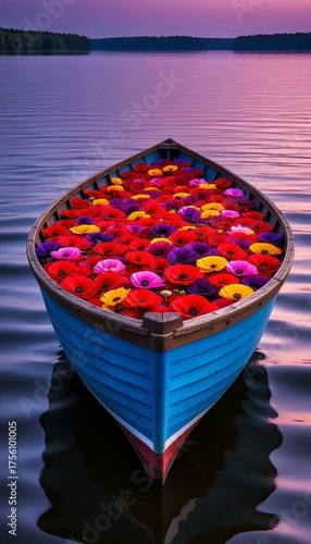 a boat on a calm lake full of beautiful flowers.-2