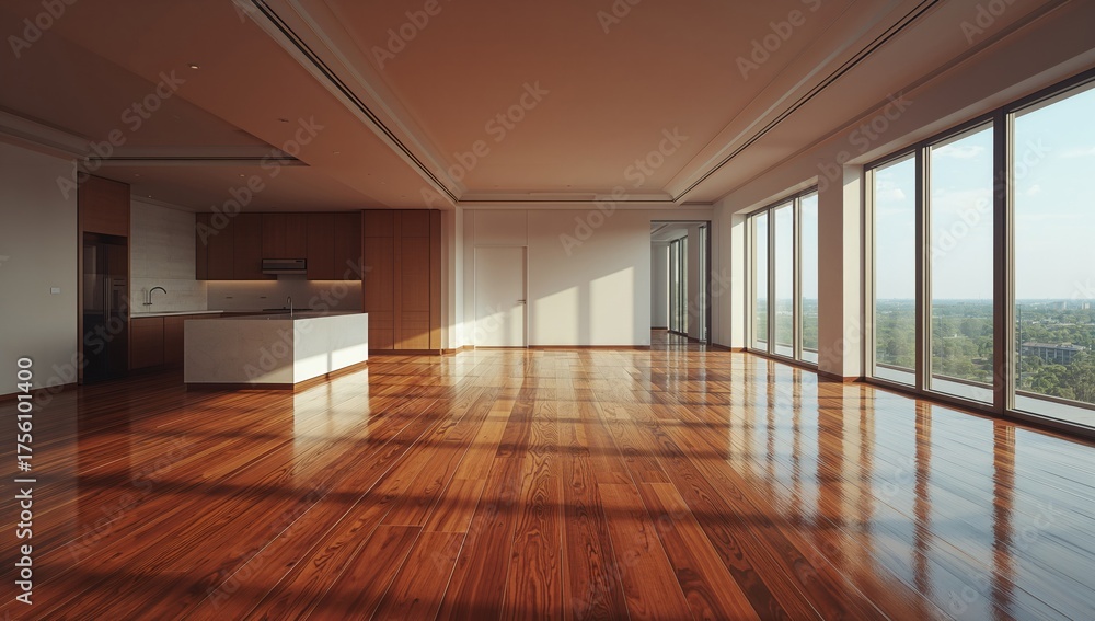 Obraz premium Stunning vacant flat featuring wooden flooring and contemporary cooking area